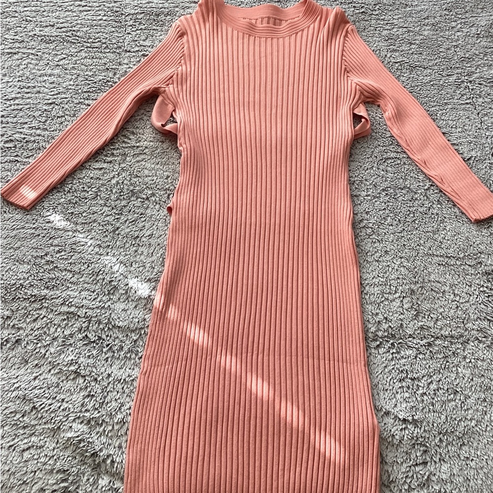 SHEIN Ribbed Long Sleeve Dress in Coral